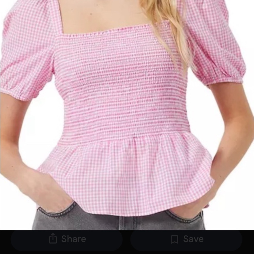 French Connection Pink Gingham Smocked Peplum Top